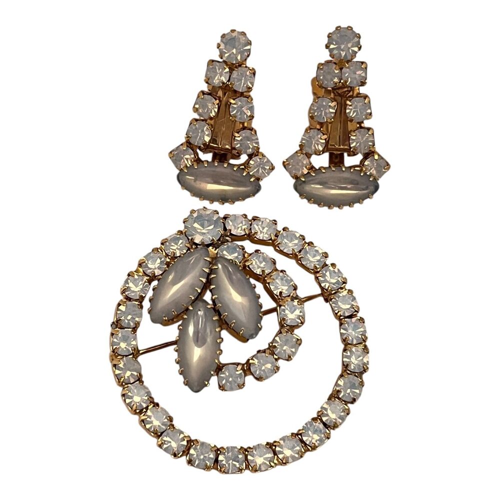 Vintage 1960s Opal Glass Navette Rhinestone Brooch Earring Set Gold Tone - 12H